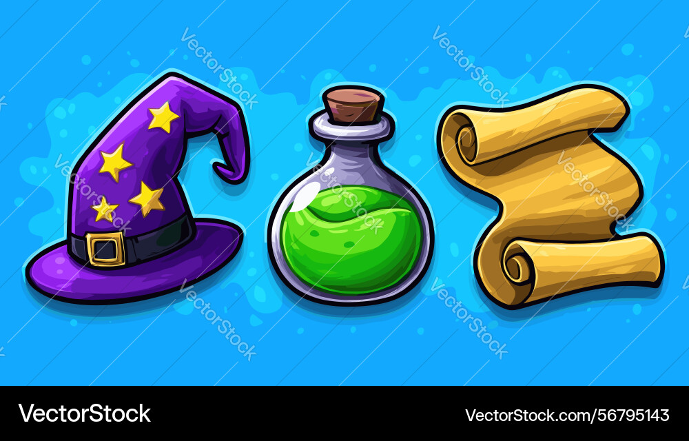 Magical items including a hat potion and scroll Vector Image