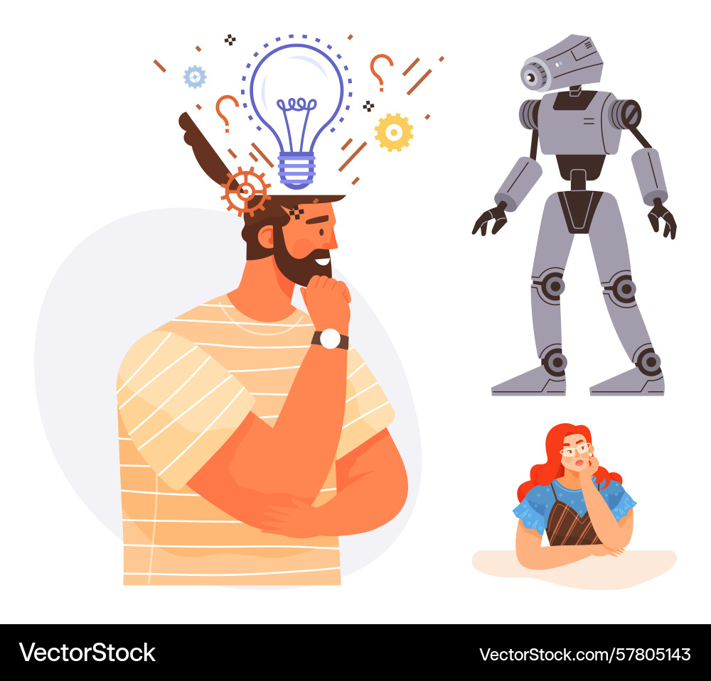 Man contemplating ideas with a light bulb robot Man contemplating ideas with a light bulb robot vector image