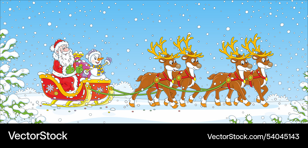 Santa and snowman riding in sleigh with reindeers Santa and snowman riding in sleigh with reindeers vector image