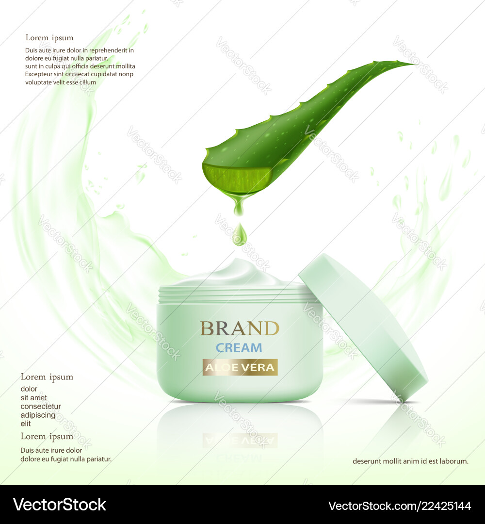 Container with cosmetic cream aloe vera leaf Container with cosmetic cream aloe vera leaf vector image