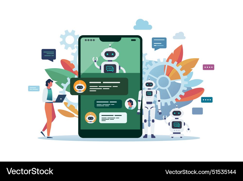 Man chatte mit Android-Roboter oder Chat-Bot Man chatte mit Android-Roboter oder Chat-Bot vektorbild