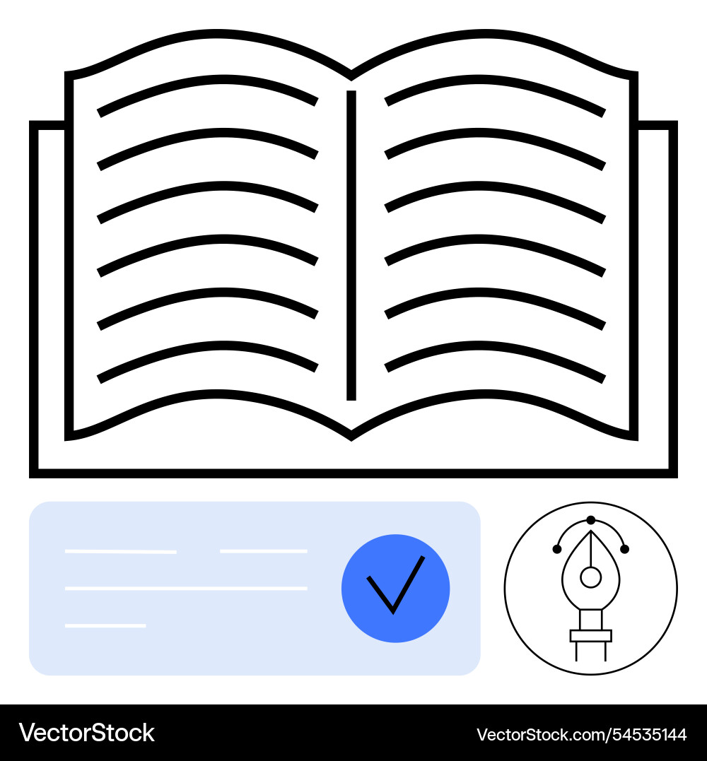 Open book with pen tool and check mark for concept Vector Image