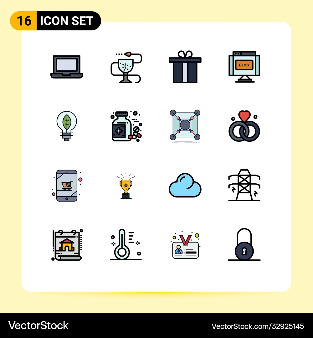 16 universal flat color filled lines set for web vector image