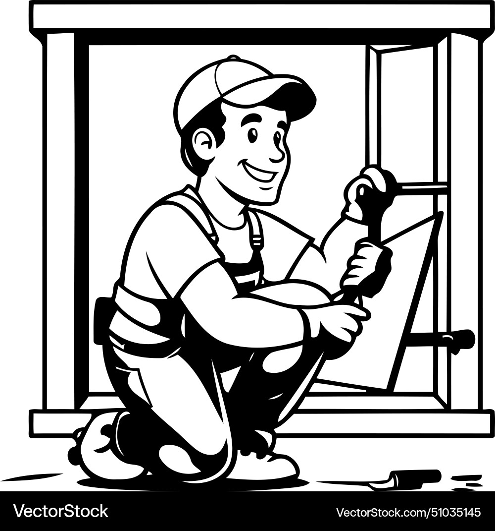 A man in uniform fixing window with wrench Vector Image