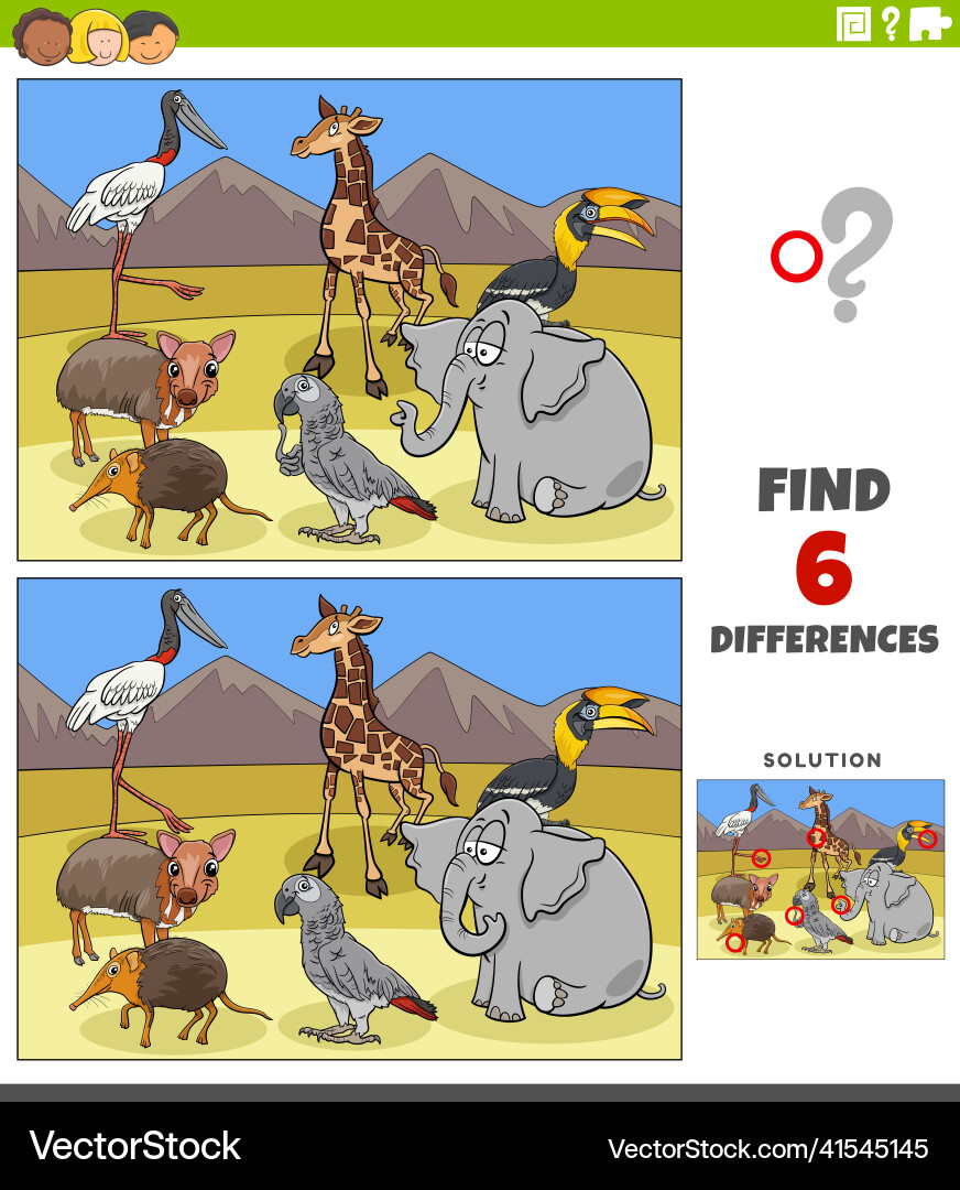 Differences educational game with comic wild Vector Image