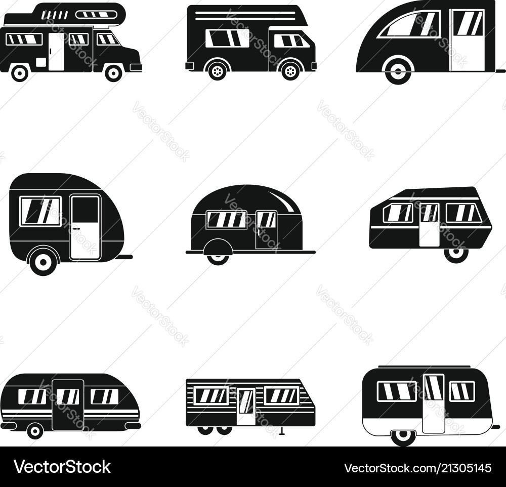 Motorhome car trailer icons set simple style Motorhome car trailer icons set simple style vector image