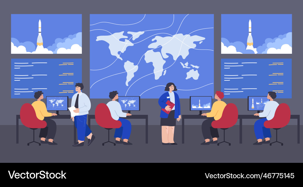 People monitoring rocket launch at command center People monitoring rocket launch at command center Vector Image
