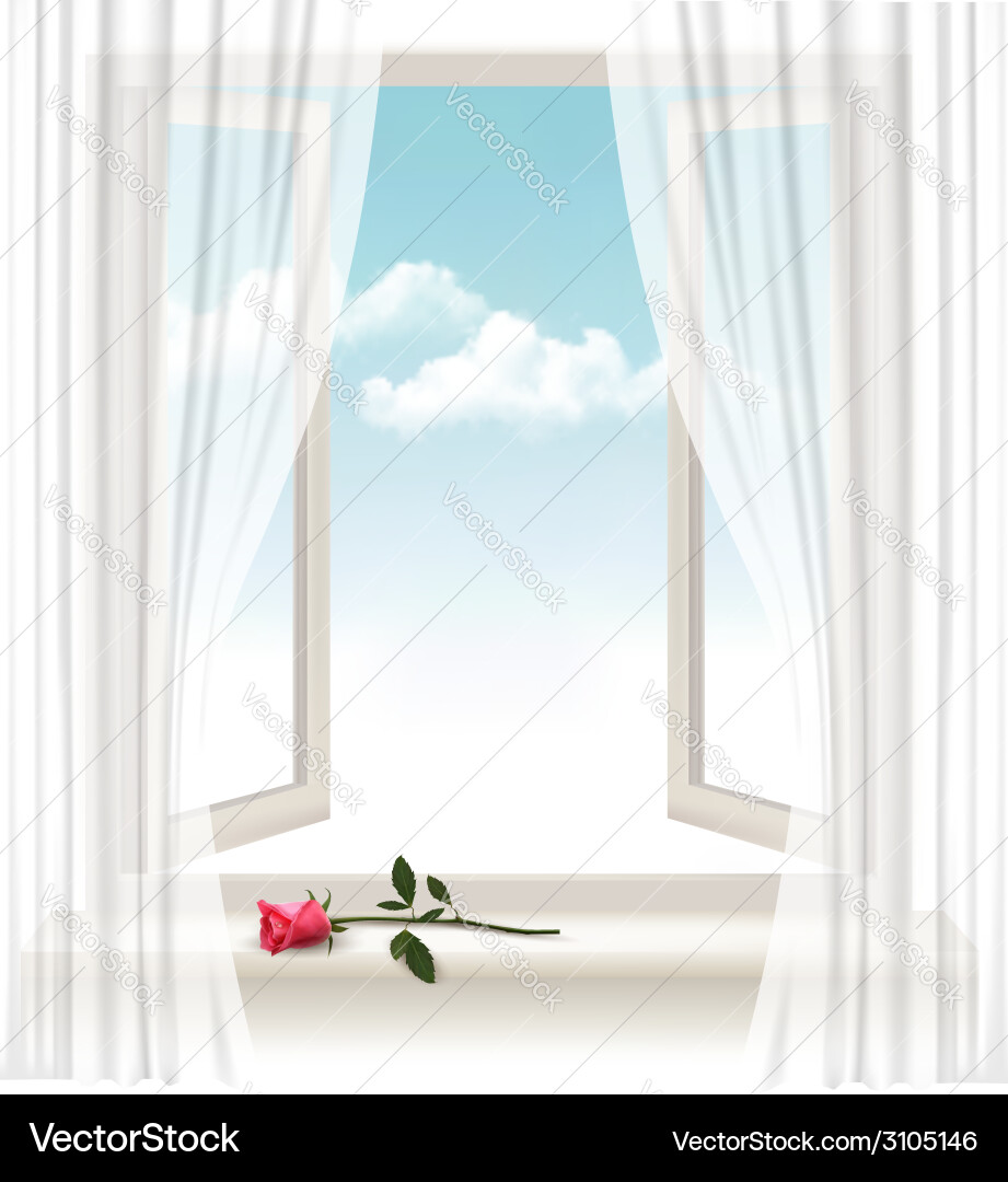 Background with an open window and a red flower Vector Image