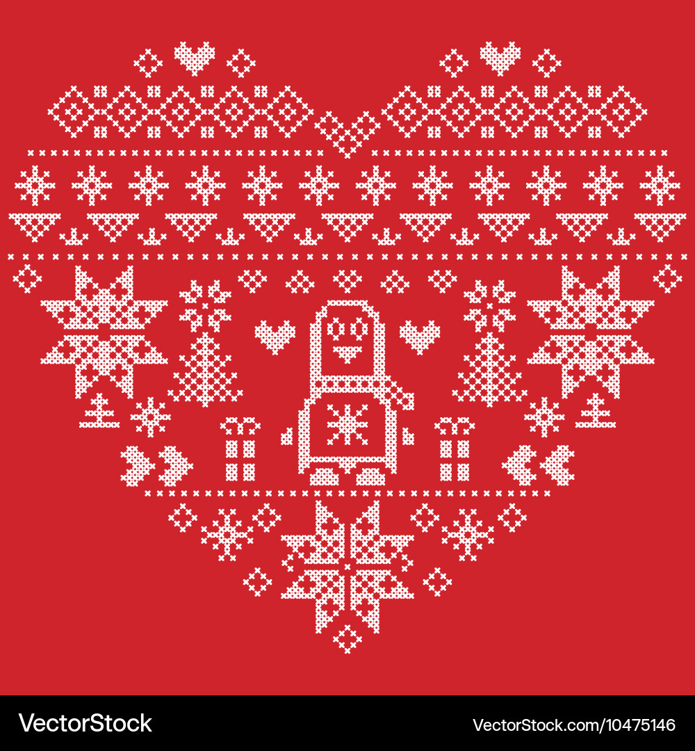 Nordic pattern in hearts shape with penguin on red Nordic pattern in hearts shape with penguin on red vector image