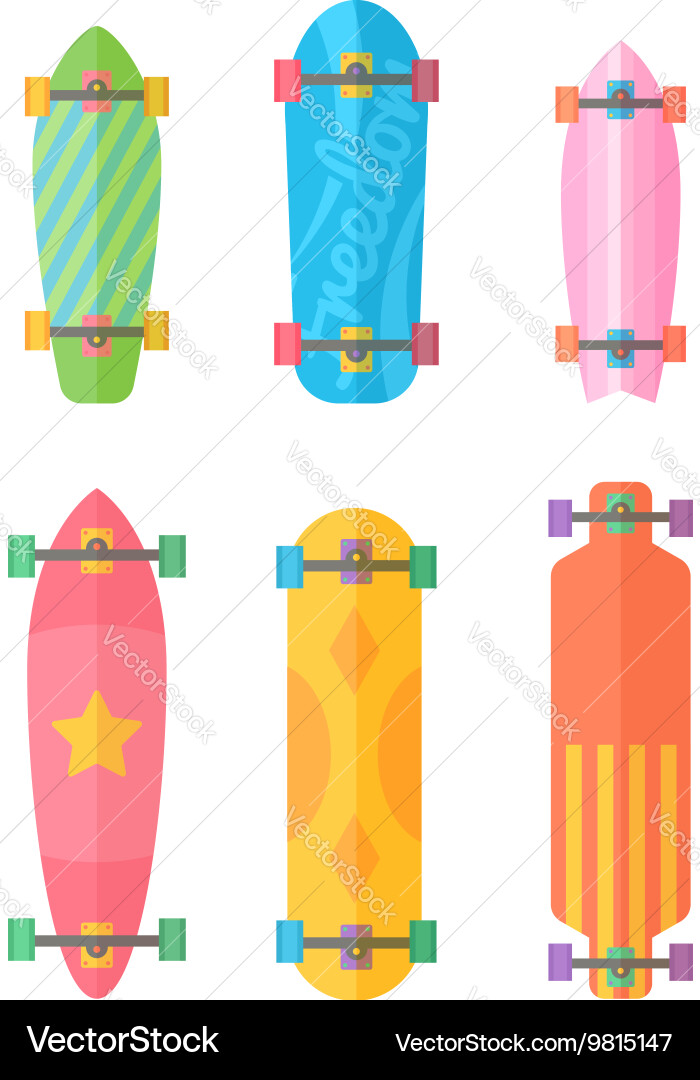 Flat longboards collection with colorful patterns vector image