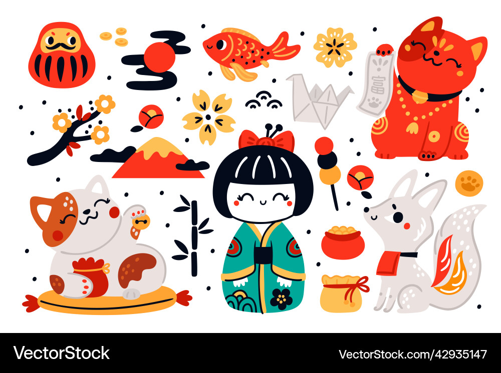 Japanese traditional lucky toys asian cultural Japanese traditional lucky toys asian cultural vector image