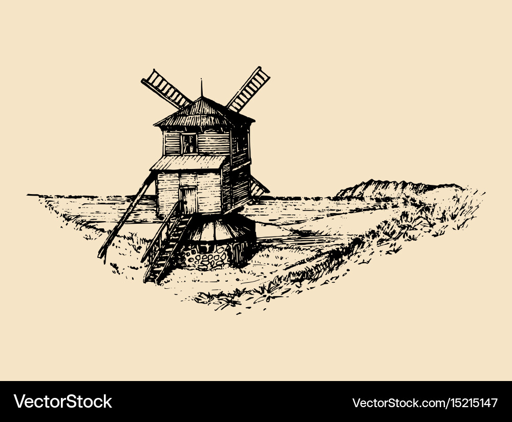 Rustic Windmill in Fields Vector Image