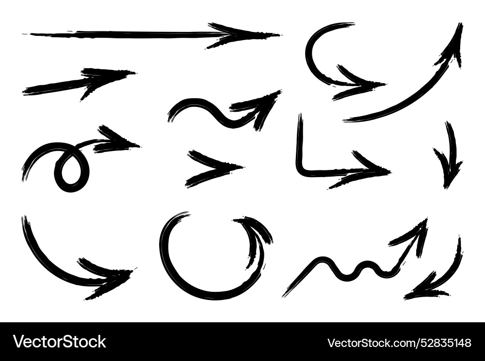 Hand drawn brush arrows set of different pointer Hand drawn brush arrows set of different pointer vector image
