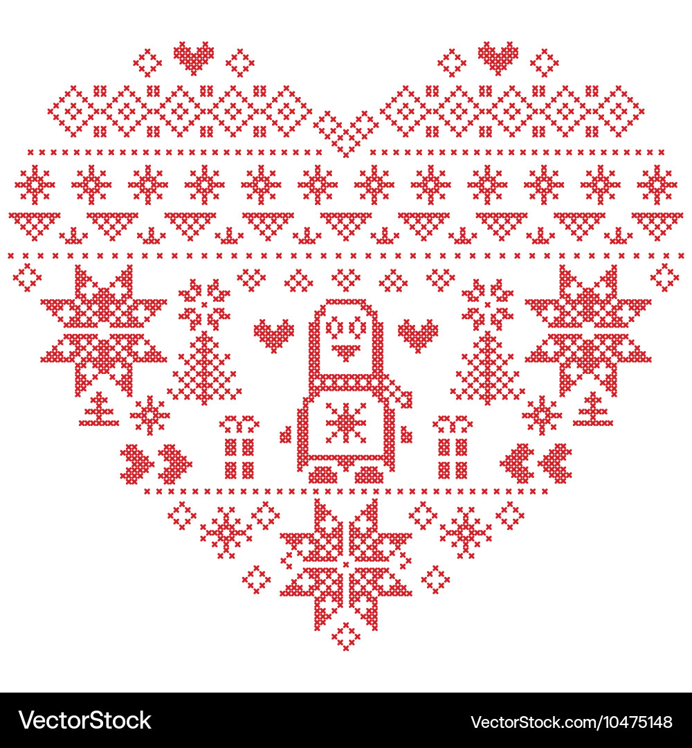 Nordic pattern in hearts shape with penguin 1 vector image