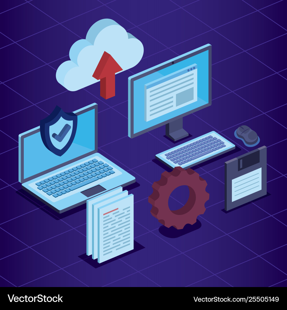 Laptop and computer with shield security document Vector Image