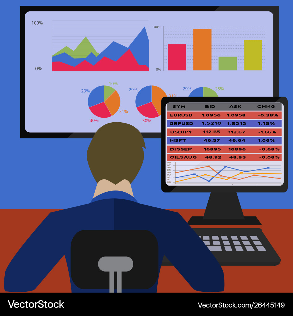 Trader trading on line with analytic graphs vector image