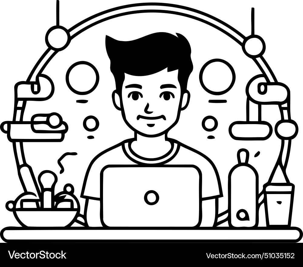Man working on laptop at home in linear style Vector Image