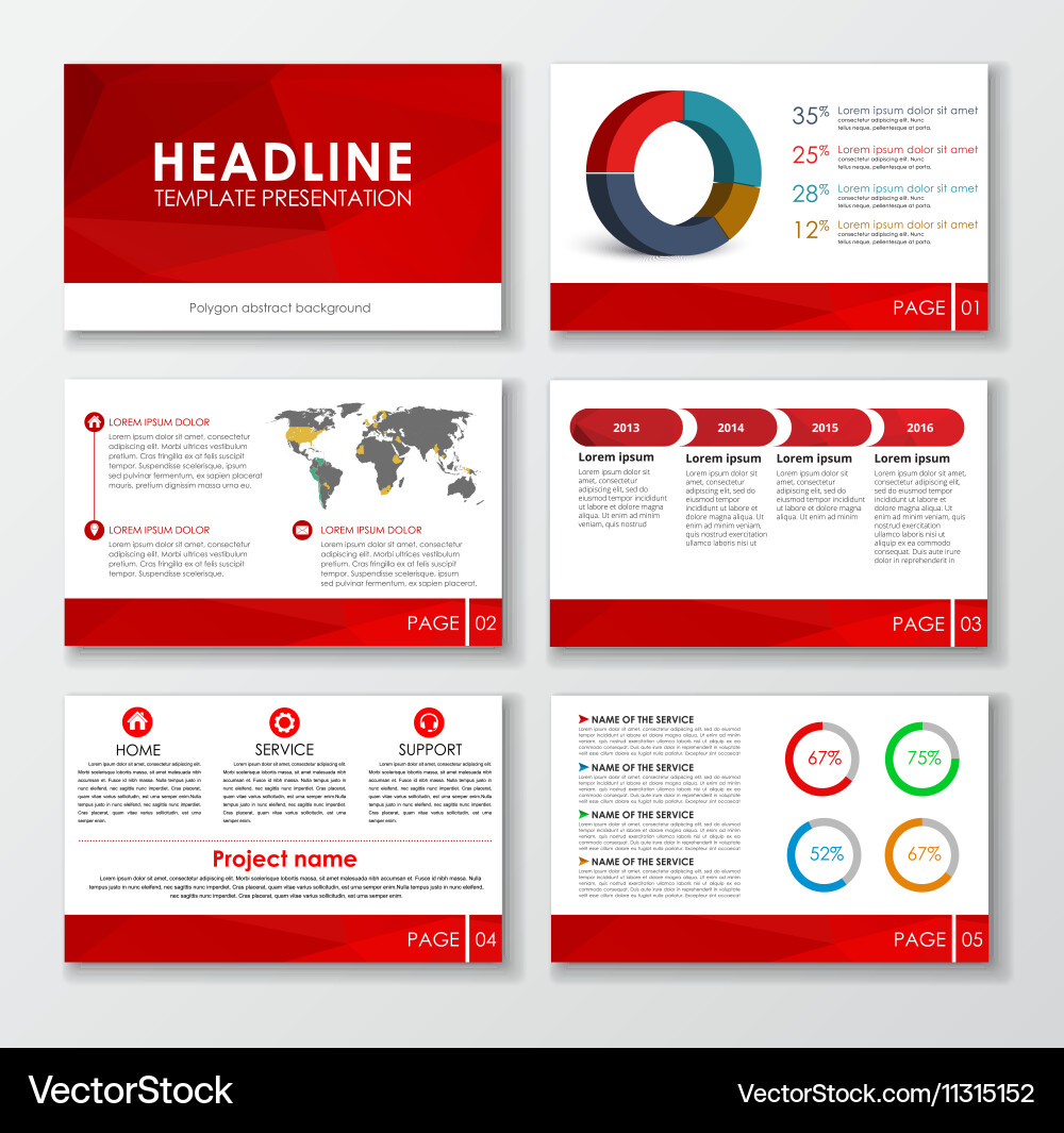 Red Presentation Slides with Charts & Maps vector image