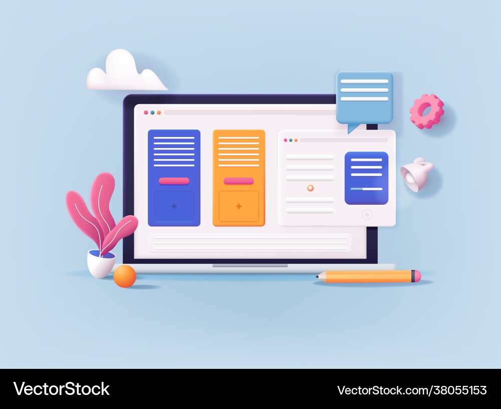 3d web laptop with open pages landing page 3d web laptop with open pages landing page vector image