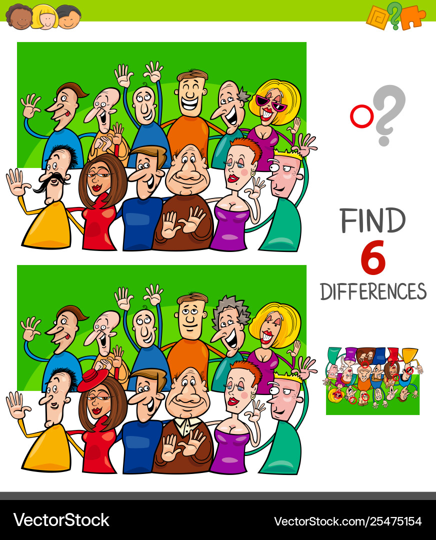 Differences game with people characters group Differences game with people characters group Vector Image