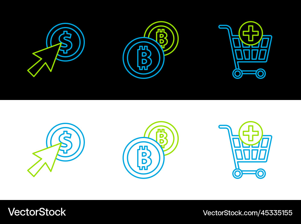 Set line add to shopping cart cursor and coin Set line add to shopping cart cursor and coin Vector Image