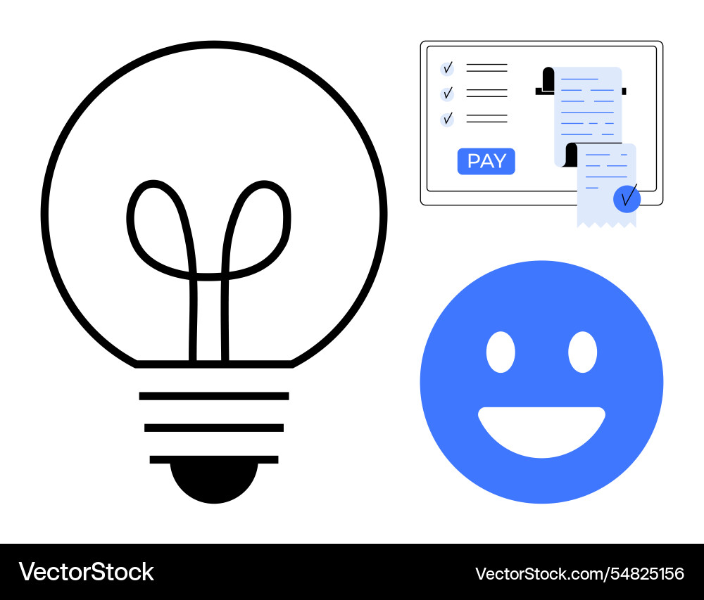 Light bulb smiling face and payment processing Light bulb smiling face and payment processing vector image