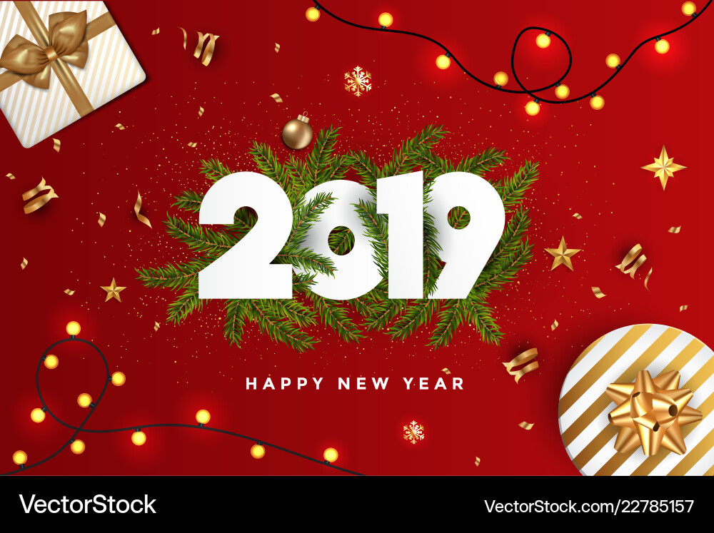 Holiday new year card 2019 - fir branches on red Holiday new year card 2019 - fir branches on red vector image
