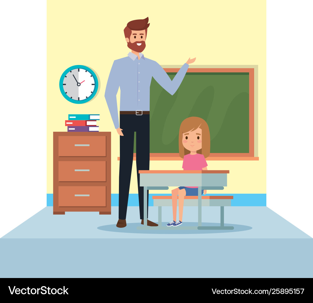 männlicher Lehrer und Mädchen sitzen im Schreibtisch Klassenzimmer Männlicher Lehrer und Mädchen sitzen im Schreibtisch Klassenzimmer Vektorbild