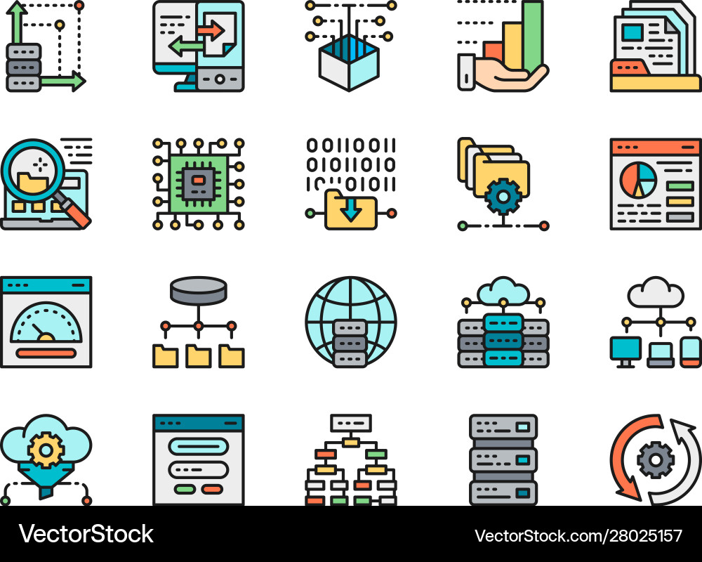 Set data analysis color line icons hosting Set data analysis color line icons hosting Vector Image