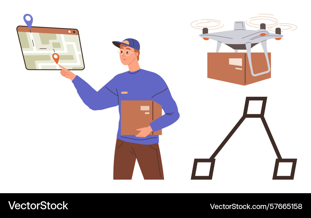 Courier using map application holding package vector image