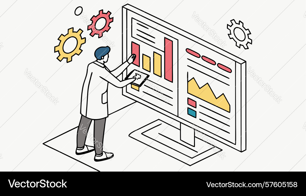 Engineer working on computer with gears and data vector image