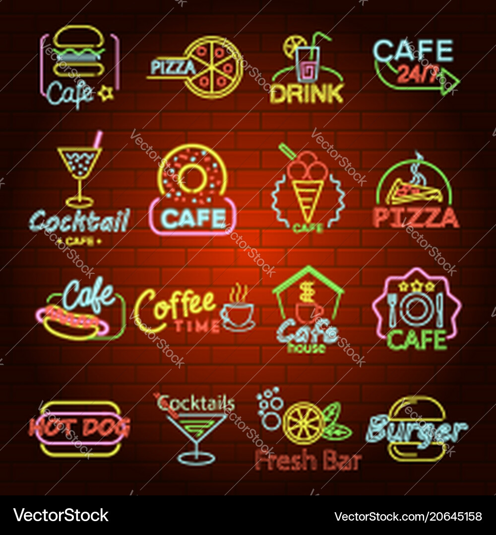 Schnelle Nahrung Neon Shop Zeichen Icons flachen Stil Vektorbild