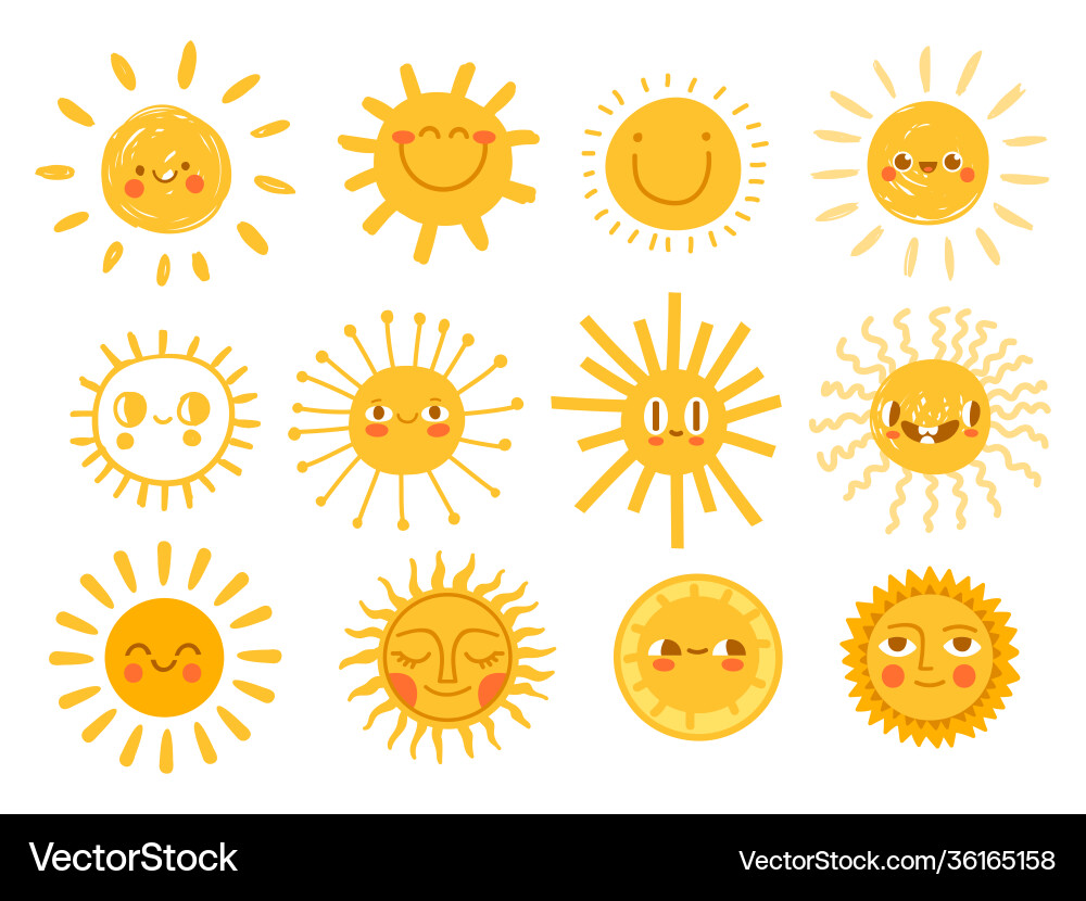 Sun characters cartoon sunshine emoji with funny Sun characters cartoon sunshine emoji with funny vector image