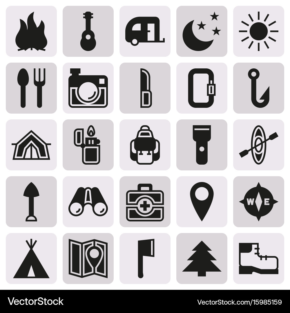Camping icons set on button background vector image