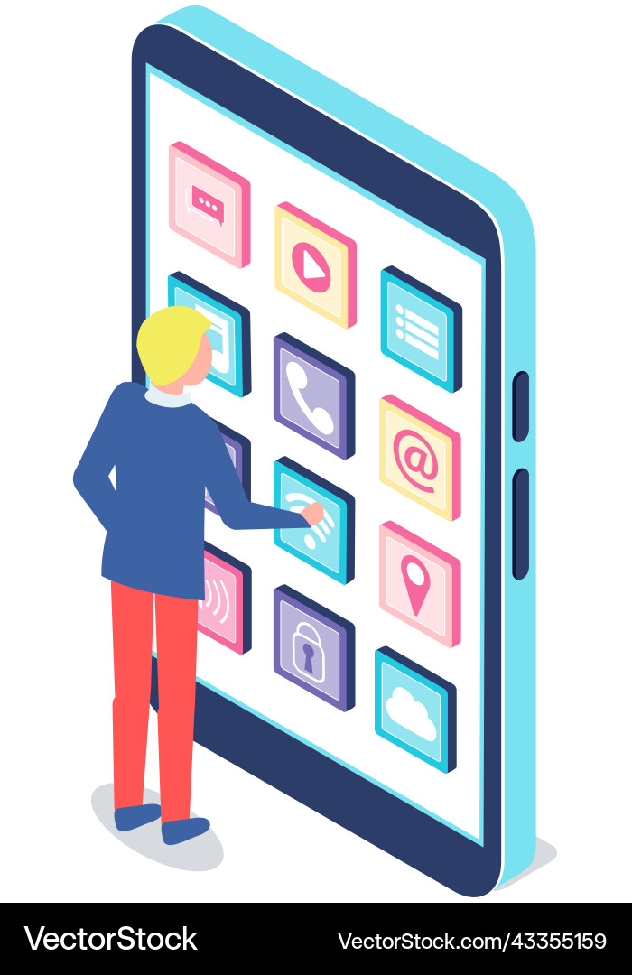 Man interacts with screen digital device presses Vector Image