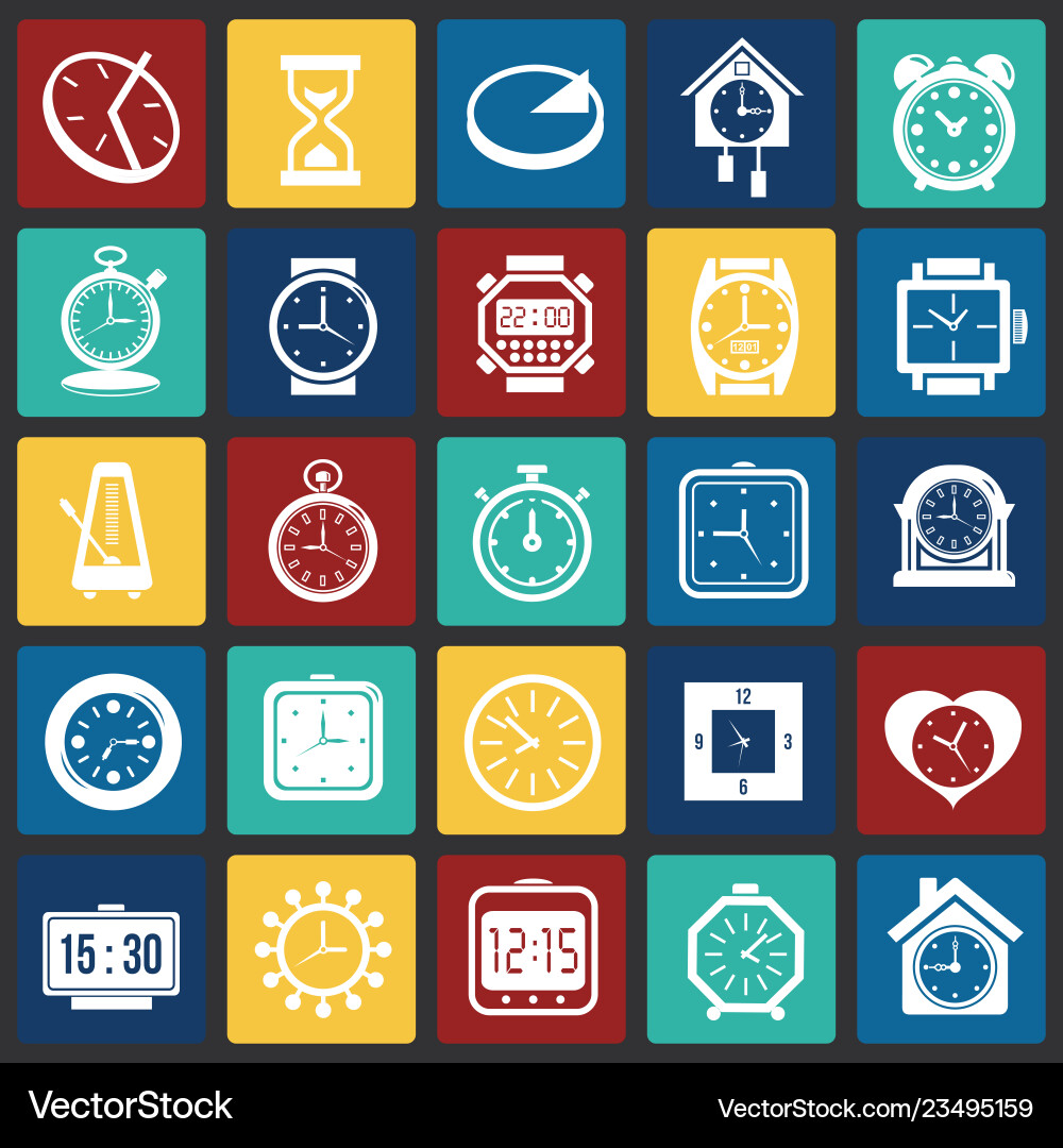 Time icons set on color squares background Time icons set on color squares background Vector Image