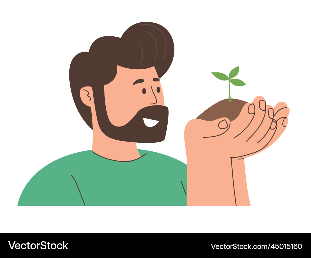 Man with hands that hold the soil a seedling Man with hands that hold the soil a seedling Vector Image