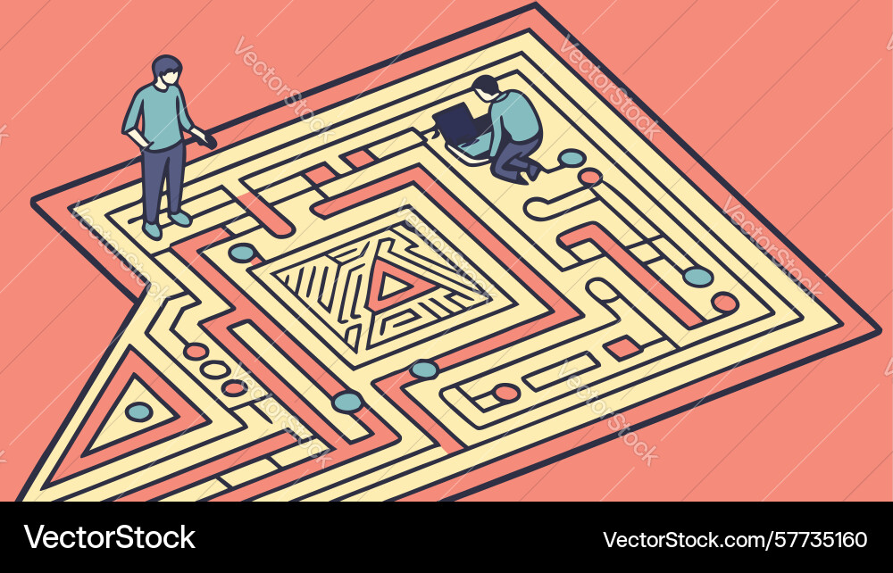 Person navigating a complex labyrinth maze design vector image