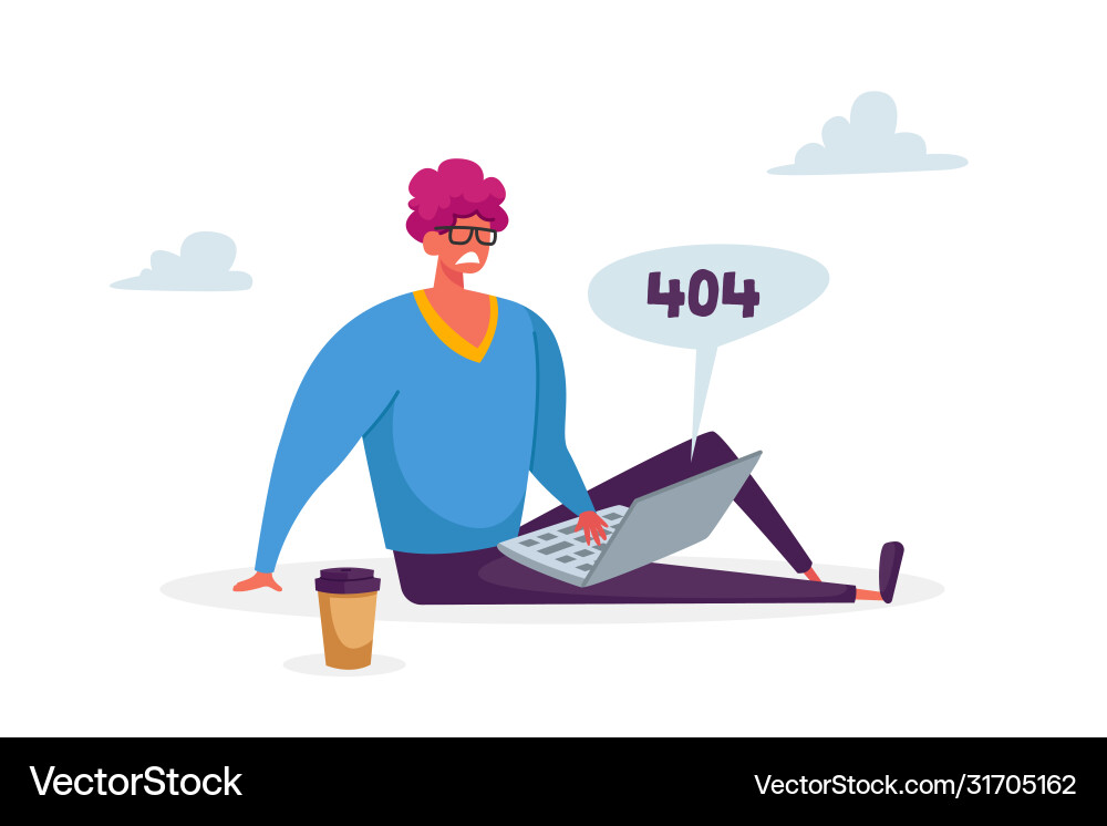 Sad character with 404 error on laptop need Sad character with 404 error on laptop need vector image