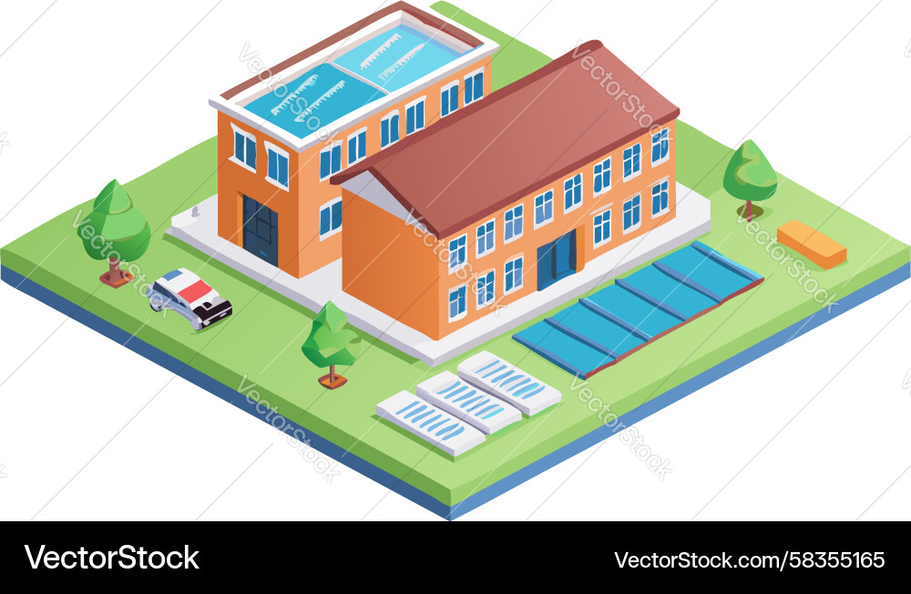 Isometric University Building with Pool Vector Image