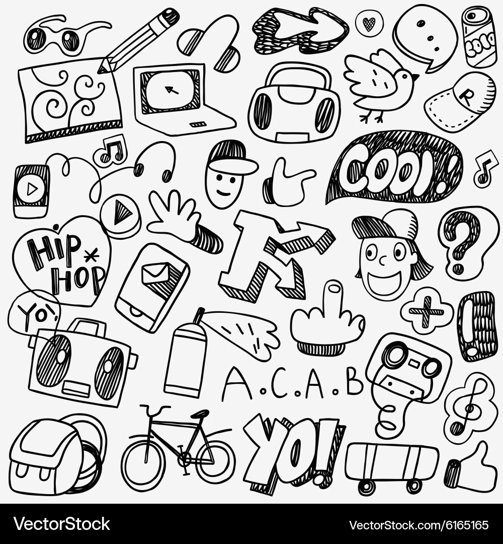 Rhythmic Doodles: Music & Graffiti Icons Vector Image