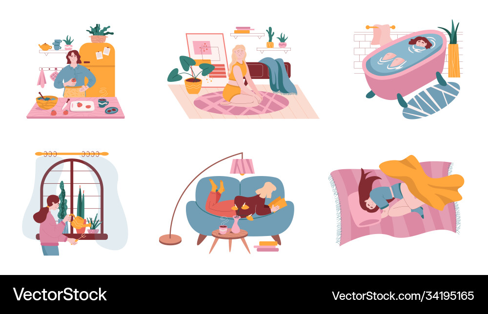 Set daily life routine situations woman Royalty Free Vector