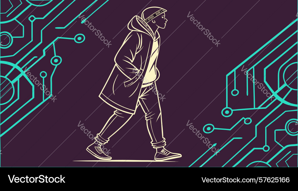 Contemplative man walking on circuit board path vector image