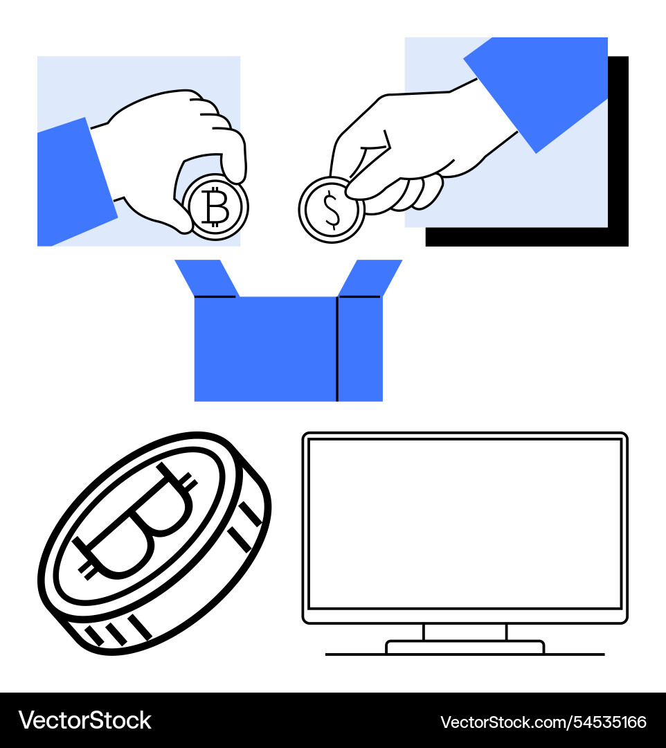 Hands depositing coins into open box with bitcoin Hands depositing coins into open box with bitcoin vector image