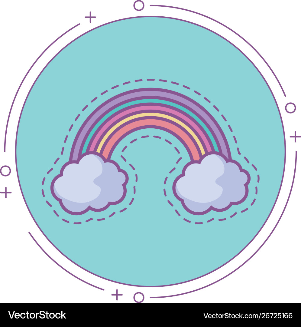 Patch with rainbow and clouds in frame circular Vector Image