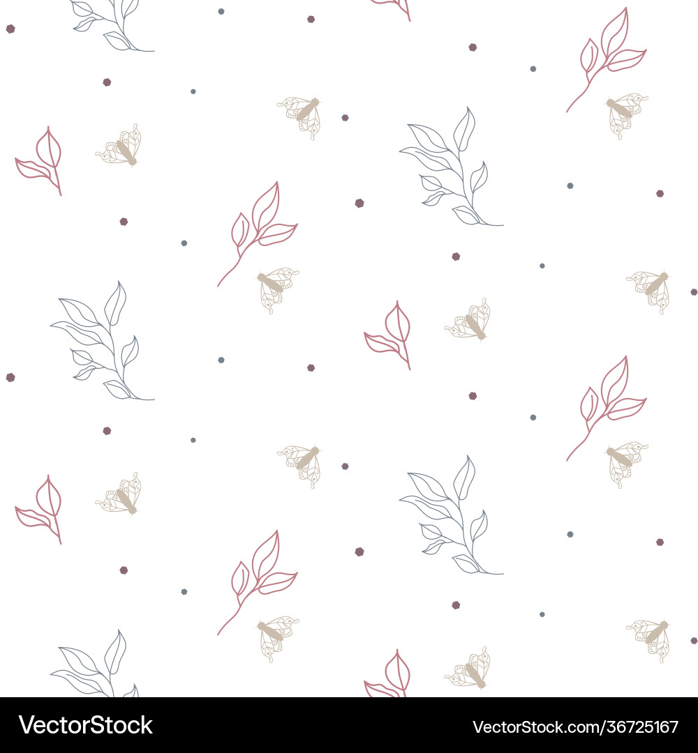 Seamless foliage and moths pattern with tiny small Seamless foliage and moths pattern with tiny small vector image