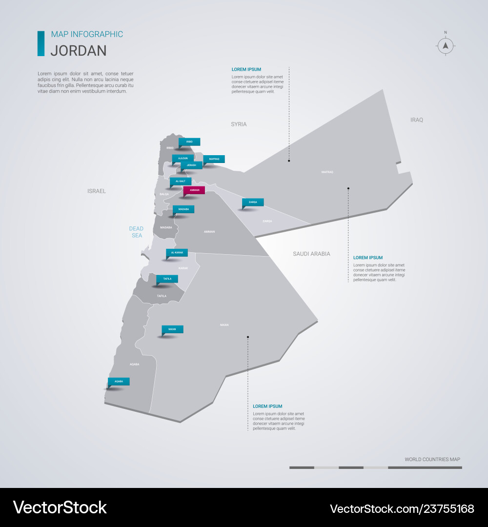 Jordan Karte mit Infografiken Zeigermarken Jordan Karte mit Infografiken Zeigermarken vektorbild