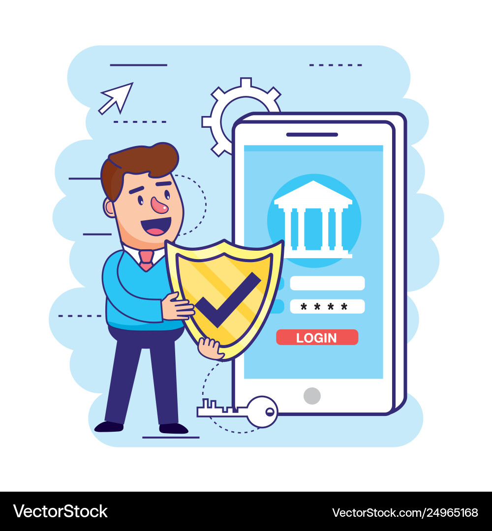 Man with shield security and smartphone Vector Image