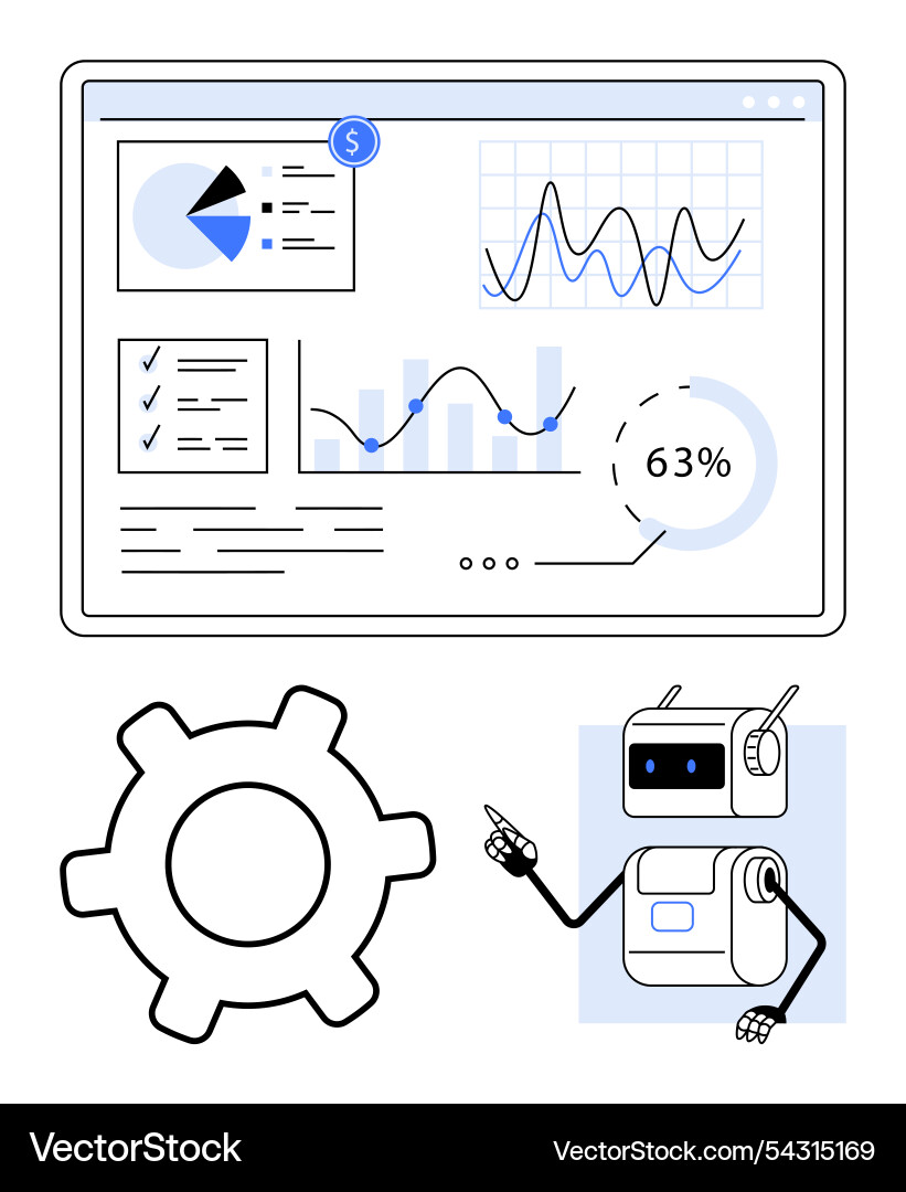 Dashboard with analytics pie charts robot Dashboard with analytics pie charts robot vector image