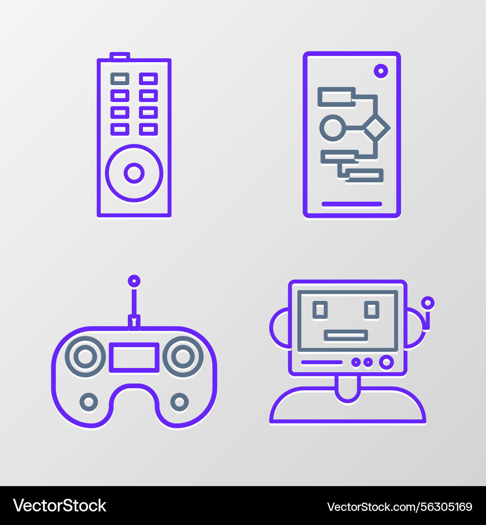 Set line robot remote control algorithm and icon Set line robot remote control algorithm and icon vector image